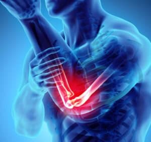 Man holding wrist with highlighted pain area, promoting hand rehab services.