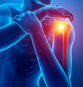 Person holding their shoulder with highlighted joint pain area, emphasizing rehabilitation.