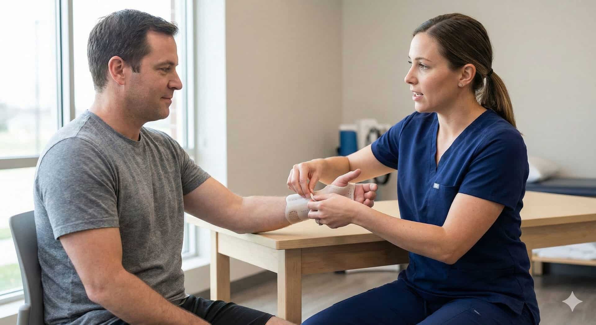 Pediatric hand orthotic fitting by a healthcare professional for optimal support.