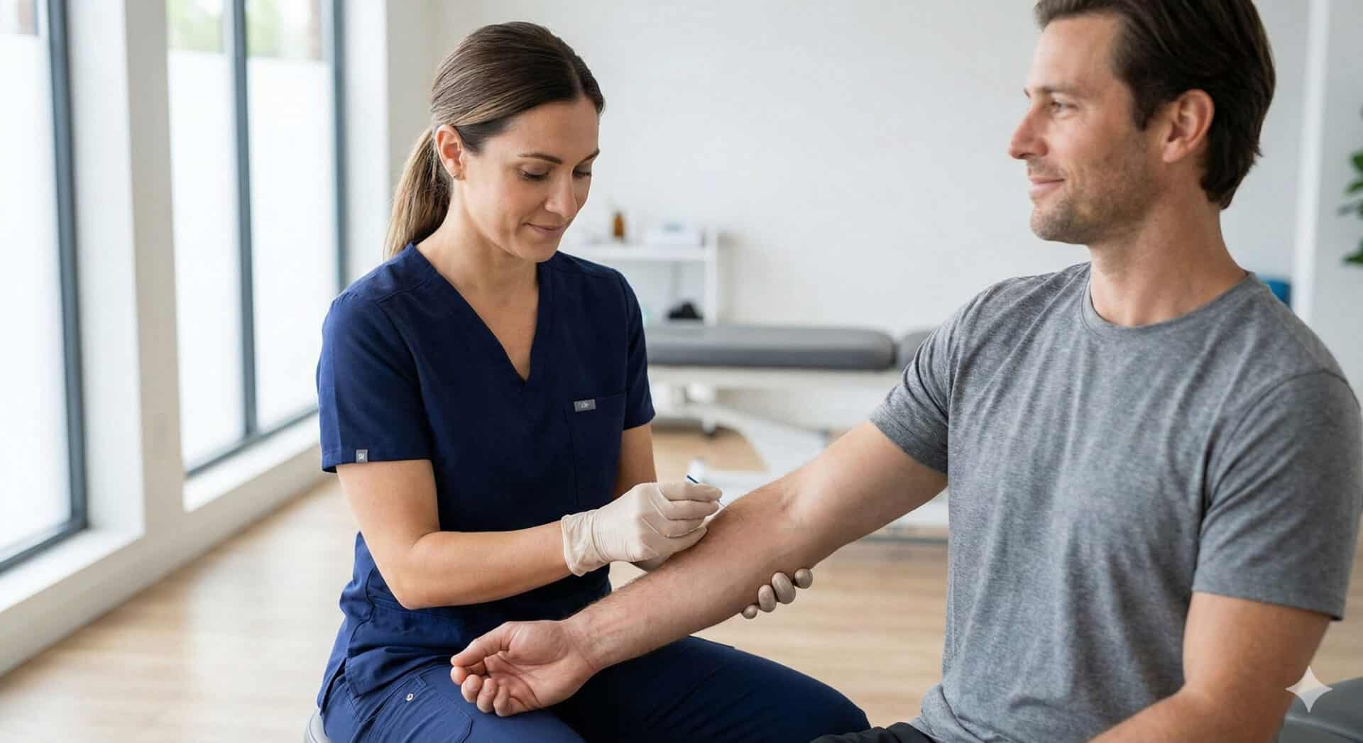 Physical therapist applying dry needling to patient's arm for pain relief.