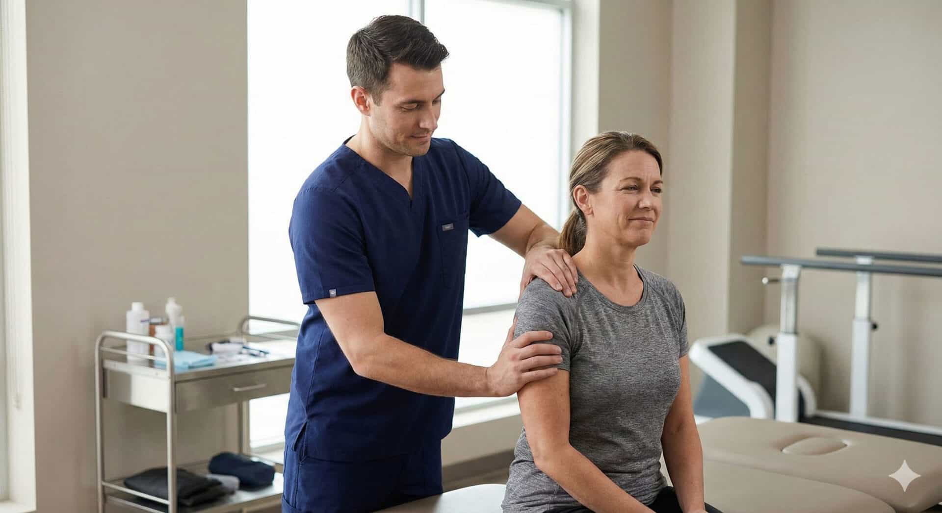 Therapist performing manual therapy on a woman's shoulder and arm for hand rehabilitation.