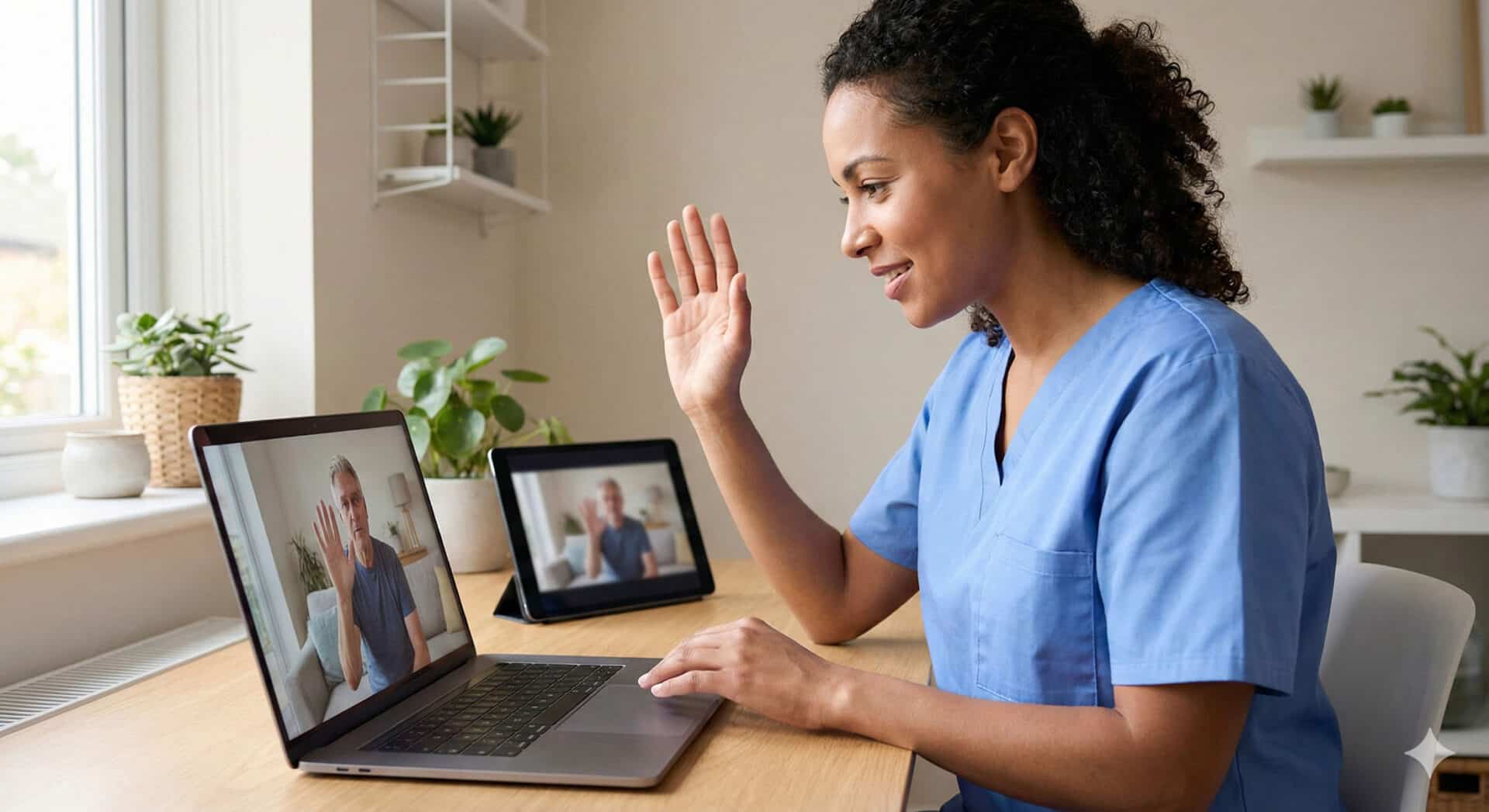 Female healthcare professional conducting telehealth hand therapy session.