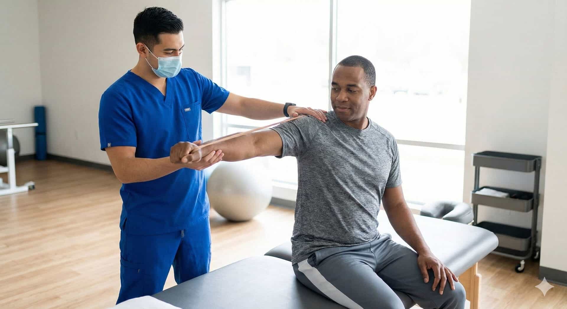 Physical therapist assisting patient with arm stretch for hand rehabilitation in Alaska.