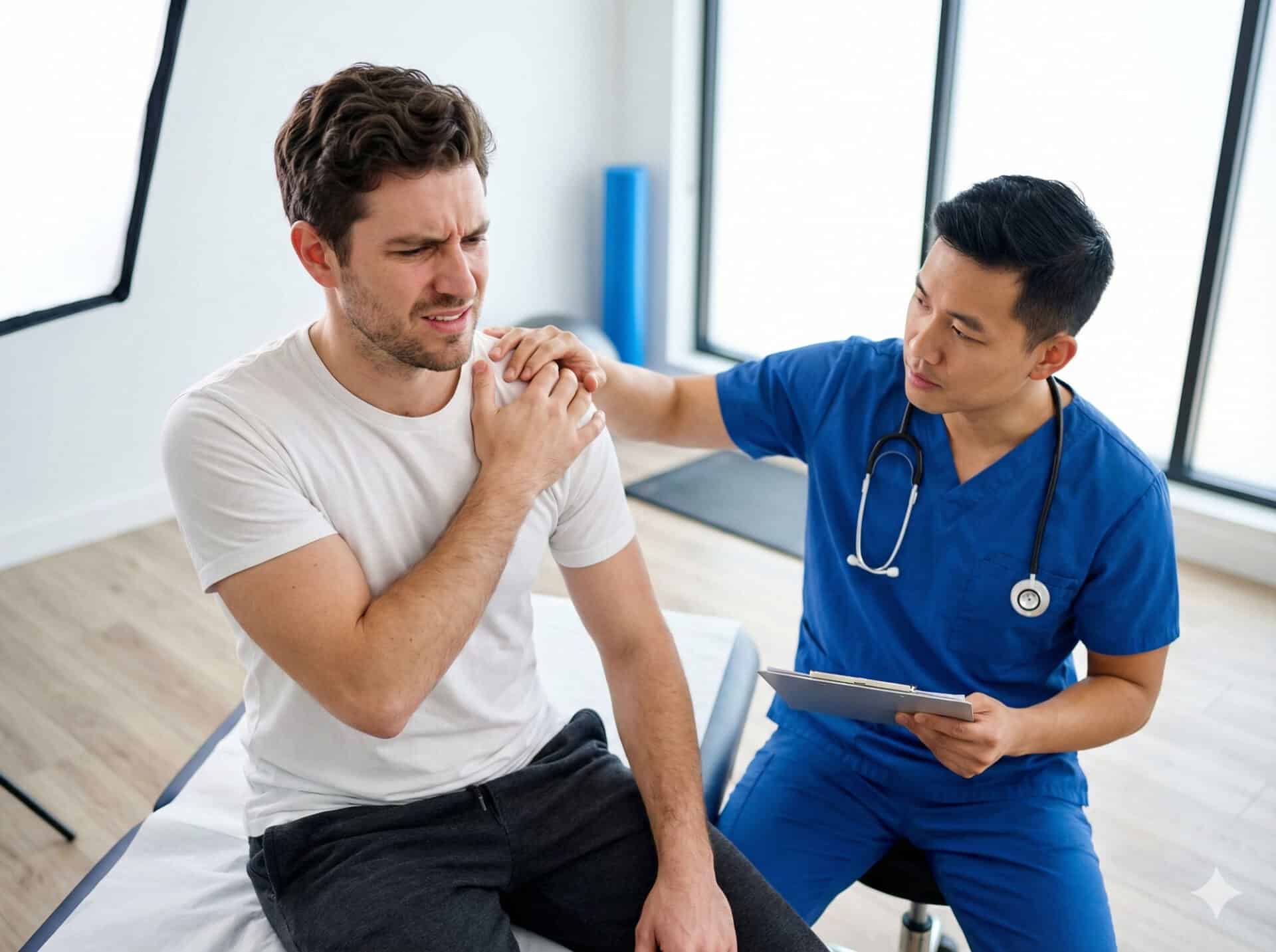 Physical therapist examining shoulder pain with patient in clinic.